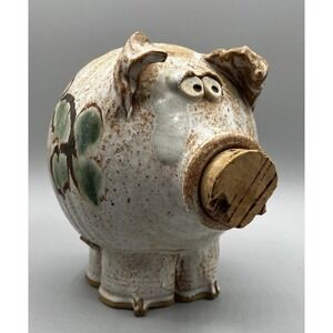 Vintage Studio Art Pottery Handmade Glazed Stoneware Piggy Bank Cork Mouth 7"x6"